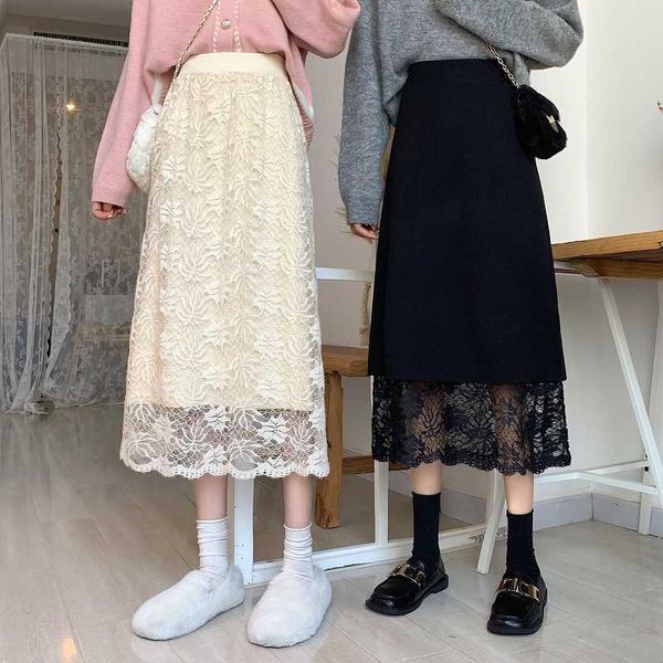 

skirts maple leaf long high waist two style wear lace a-line loose vintage harajuku spring midi skirt office lady z111 5ga9, Black