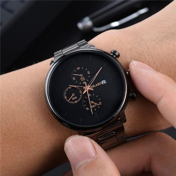 

wristwatches date display men watches 3 eyes quartz alloy yolako brand dress watch fashion casual gift clock kol saati erkek, Slivery;brown
