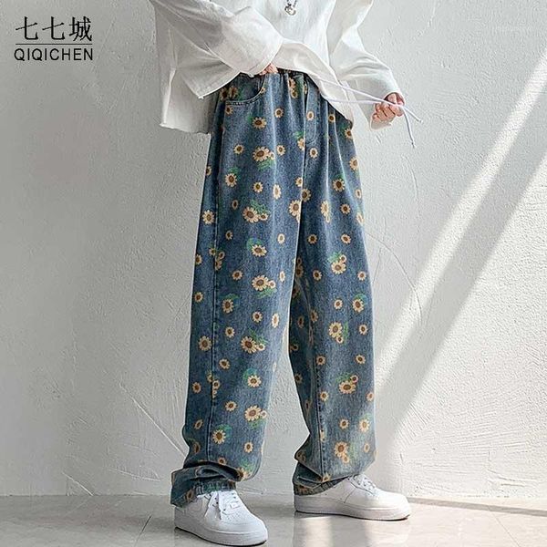 

sunflower print jeans men harajuku loose vintage denim pant casual streetwear boyfriend straight washed trousers couple 2021 men's pant, Black