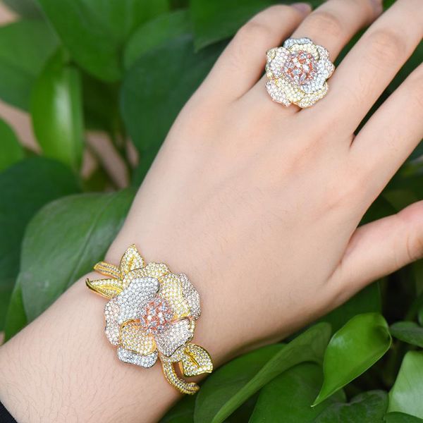 

earrings & necklace blachette trendy luxury flower full micro cubic zirconia geometry shiny bracelet bangle ring sets dress jewelry high qua, Silver