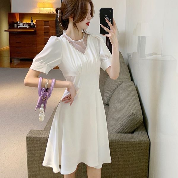 

french retro temperament white o-neck slim waist women dress elegant puff- sleeve female a-line dress summer party vestidos 210518, Black;gray