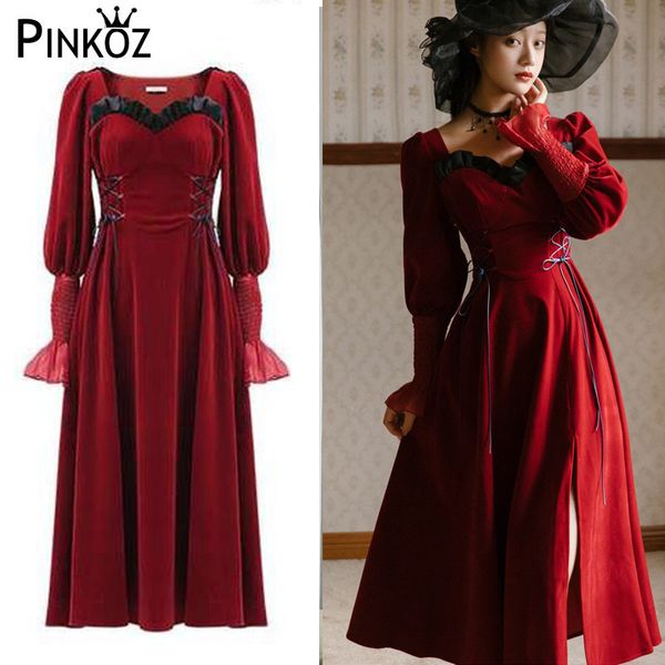 Викторианский квадратный воротник с длинным рукавом Элегантное красное осень зимнее бархатное платье MIDI для женщин Ruched Colrestring 210421
