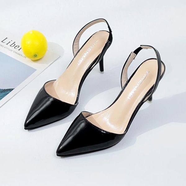 

summer female sandals pointed toe high heels nude color tip with 7cm fine formal dress party zapatos de mujer, Black