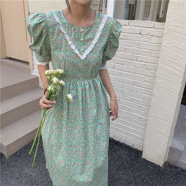 

summer dress fashion elegant sweet flowers o-neck puff sleeve casual lace up waist slim dresses female 210526, Black;gray