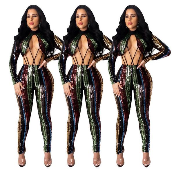 

women's jumpsuits & rompers colorful striped party sequin club women overalls long sleeve hollow out bodycon, Black;white