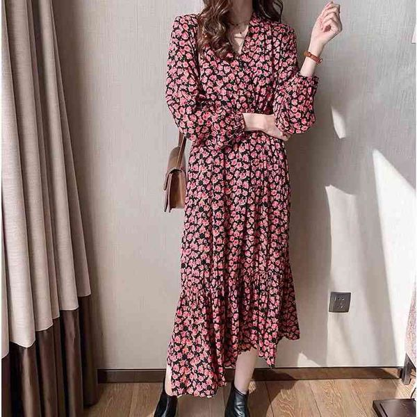 

fashion v-neck floral print elastic waist women dress vintage flare sleeve front buttons a-line female long dresses 210601, Black;gray