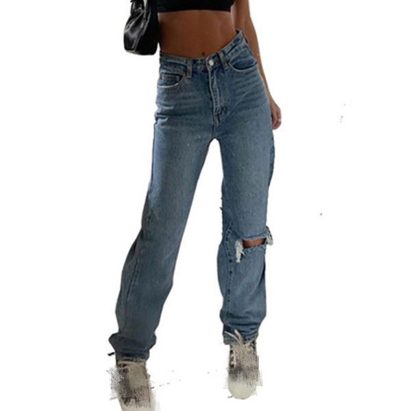 

hole ripped straight mom baggy jeans women high waist casual y2k streetwear 90s wide leg boyfriend pants hollow denim trousers women's, Blue