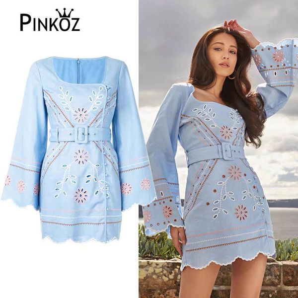 

runway designer flower embroidery square collar flare sleeve mini dress with belt party dinner luxuty dresses vestidos za 210421, Black;gray