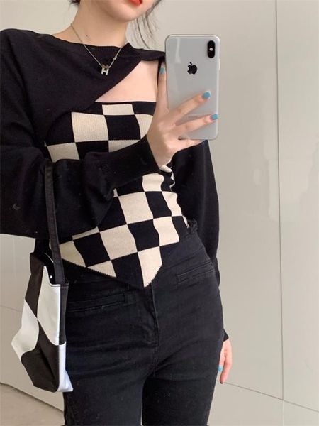 

women's sweaters suit women chic2021 early autumn fashion knitted blouse checkerboard sling two-piece set, White;black
