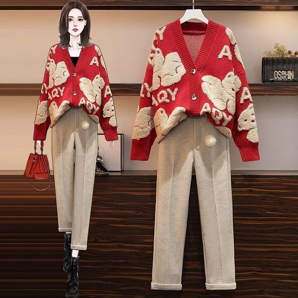 

women's two piece pants knitted pieces set female elegant sweater cardigan jacket + apricot slim straight long 2021autumn winter, White
