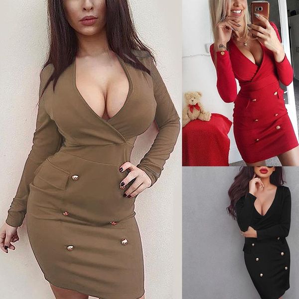 

casual dresses fashion low cut button long sleeve women dress slim winter office wear party, Black;gray