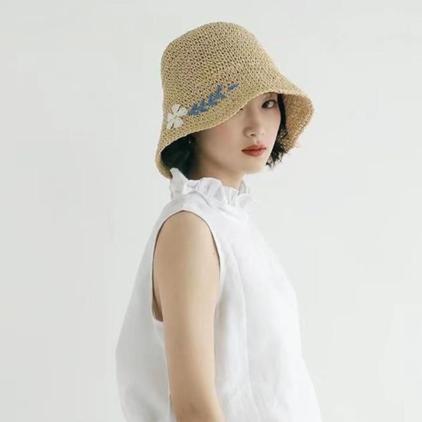 

wide brim hats 2021 grass sunshade straw sun hat women outing sunscreen beach bucket caps summer female foldable embroidery fisherman, Blue;gray