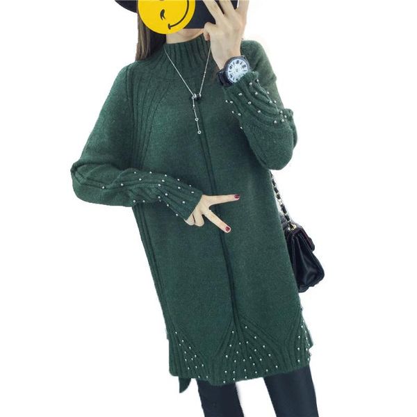 

casual dresses women's knitted wool dress winter 2021 fashion elegant turtleneck beading split slim thicken medium long sweater female, Black;gray