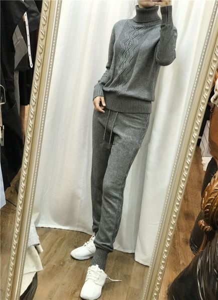 

cashmere wool turtleneck drawstring mink knitted sweater and trousers casual fashion suits of real full pattern women two women's track, Gray