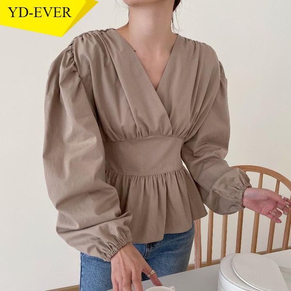 

women's blouses & shirts korean elegant women bow bandage slim waist ruffle blouse 2021 autumn long sleeve v-neck blusas femme 4d870, White