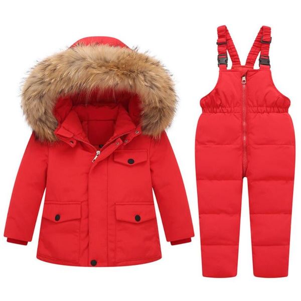 

down coat 2021 winter children's clothing sets baby girl's ski suit kids sport jumpsuit warm coats fur duck jackets+bib trousers, Blue;gray
