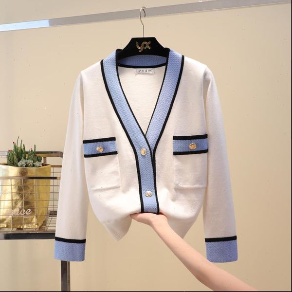 

designer brand womens sweater knitted for women v neck contrast color buttons cardigan drop, White;black