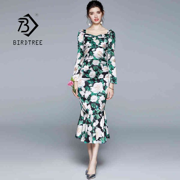 

autumn designer satin bodycon dress women long sleeve floral print ruched mermaid party midi dresses d12101x 210419, Black;gray