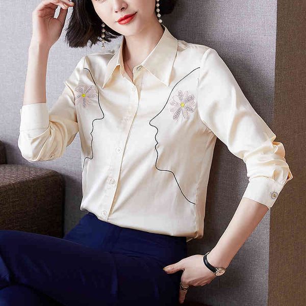 Spring blouse mulheres senhoras tops manga longa trituras brancas blusa botão impressão chiffon blouse colarinho colarinho 210515