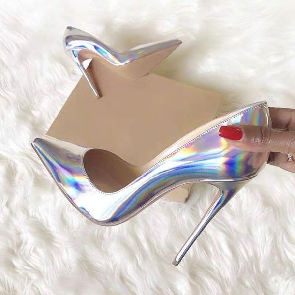 

dress shoes fluorescent silver stiletto heels pumps iridescent pointed toe shallow patent leather wedding bride size 45, Black