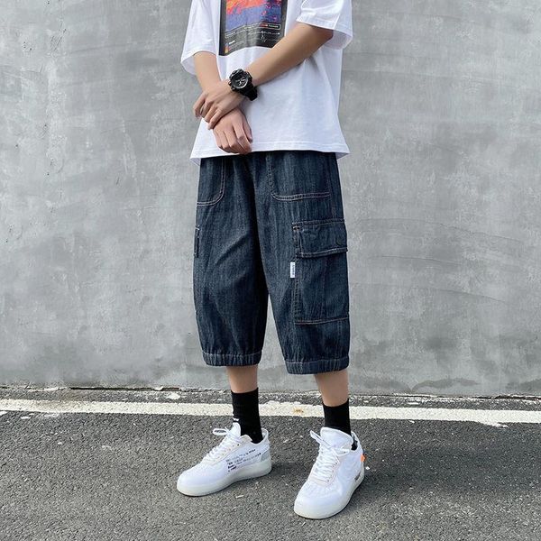 

arrivals location summer thin overalls capris mens black jeans 5xl xl knee length hiphop pants men's, Blue