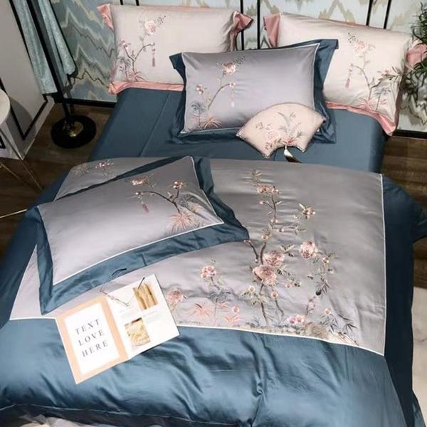 

chic chinoiserie style flowers embroidered gray blue duvet cover set 600tc egyptian cotton 4pcs bedding bed sheet pillowcase sets