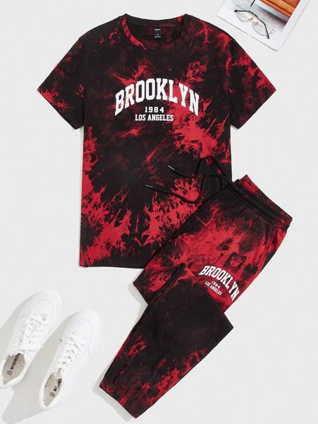 

men tie dye letter graphic tee & drawstring waist sweatpants 83p1#, Gray
