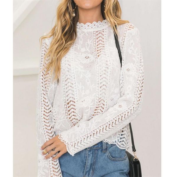 

elegant women blouses shirts autumn long sleeve white lace hollow turtleneck blouse female blusa mujer women's &