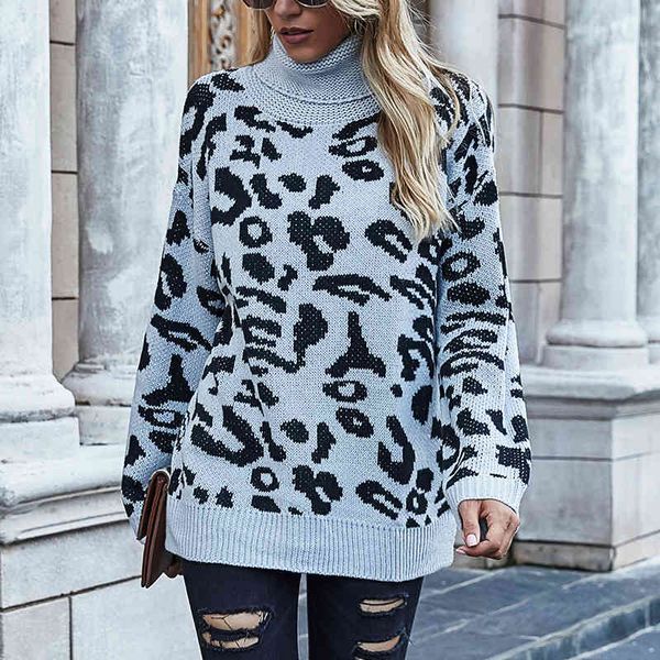Suéter de Pullovers Womens Outono e Winter Leopard Sweater Loose Plus-Sized Ol Turtleneck Camisola Full 210514