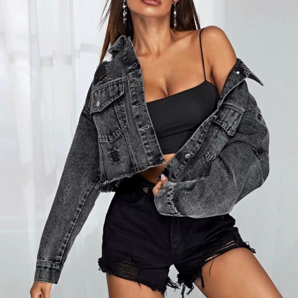 

women's jackets denim jacket long-sleeved fashion frayed casual simple lapel outer wear short punk retro, Black;brown
