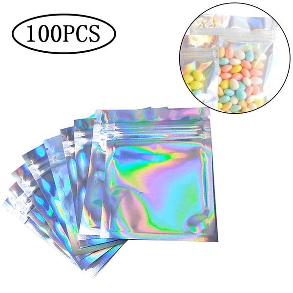 

100pcs flat storage bag bath salt cosmetic one side clear holographic laser mini aluminum foil bags thick