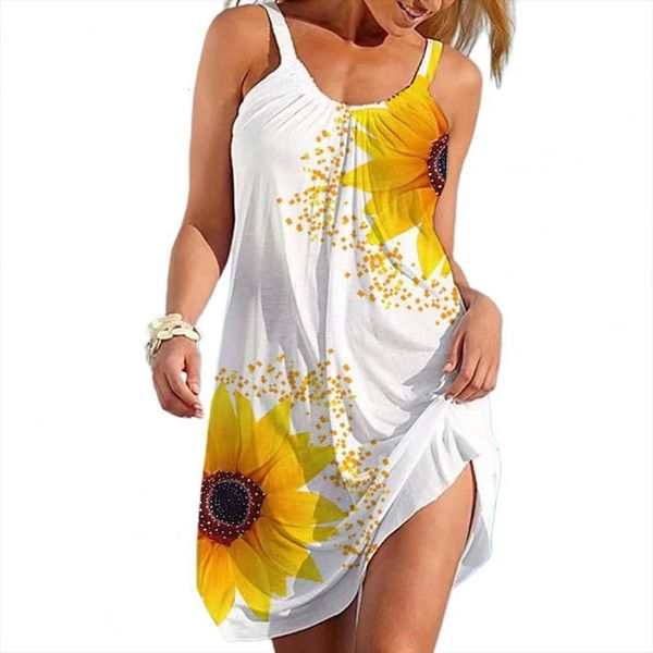 

sunflower printing sling sleeveless womens dress u neck off shoulder mini beachwear for beach casual boho tank, Black;gray