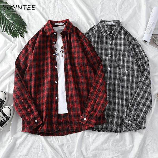 

plaid shirt men long sleeve ulzzang mens shirts red all match stylish vintage loose males korean streetwear clothes men's casual, White;black