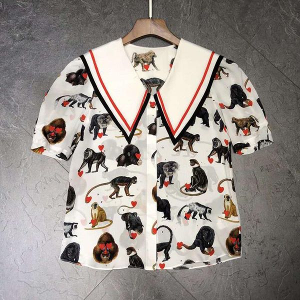 

women's blouses & shirts verdejuliay runway fashion 100% silk blouse designer turn-down collar animal hearts print short elegan, White
