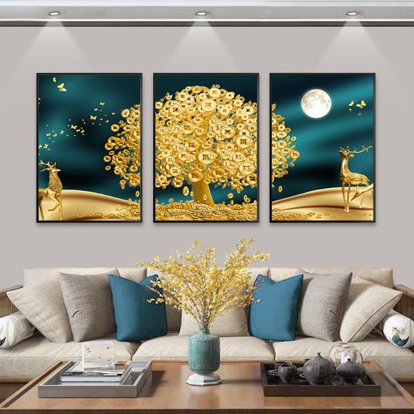 Картины Золотое искусство Олень Денежное дерево Настенная картина Исламская без рамки Абстрактная луна Печать на холсте Плакат Натюрморт327z