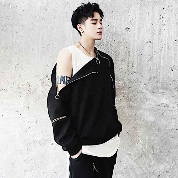 

men's sweaters men autumn zipper sleeves hip hop hoodie casual crewneck sweatshirt women off shoulder hoody nightclub singer, White;black