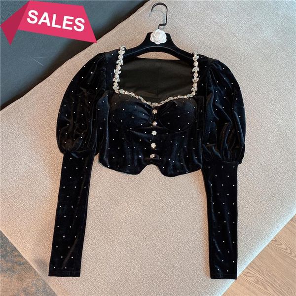 

women's fur & faux winter net red with crowd design feeling rhinestone collar lantern bubble sleeve velvet top, Black
