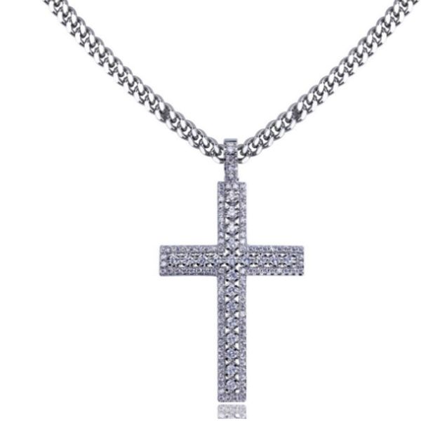 

hip hop 18k gold plated iced out cubic zirconia cross pendant necklace with 4mm 60cm cuba chain necklace men women diamonds jewelry, Silver