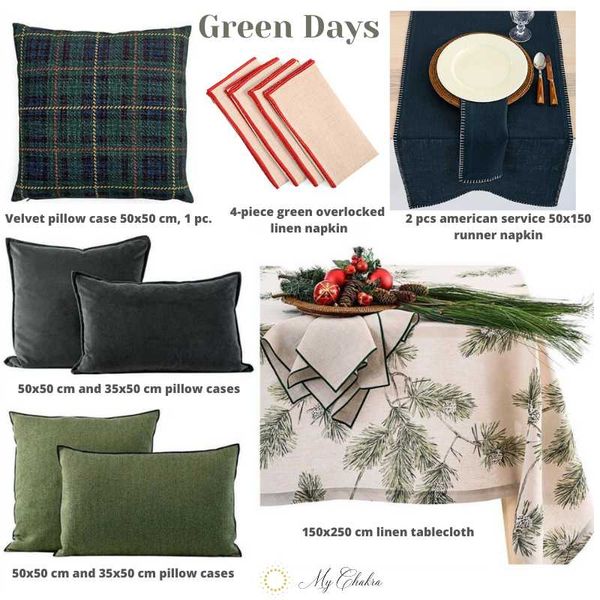 

table cloth green days,velvet pillow case 50x50 cm, 1 pc. 4-piece overlocked linen napkin, 2 pcs american service 50x150 runner napkin