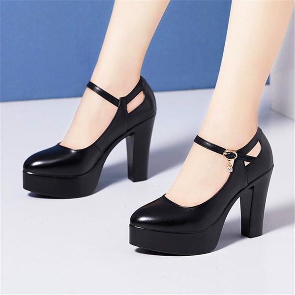 

dress shoes head layer cowhide women's 2021 thick with pointed wedding party female model catwalk high heels, Black