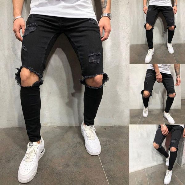 

men's pants man's solid color high street style trousers 2021slim elastic denim men pure hole vintage, Black