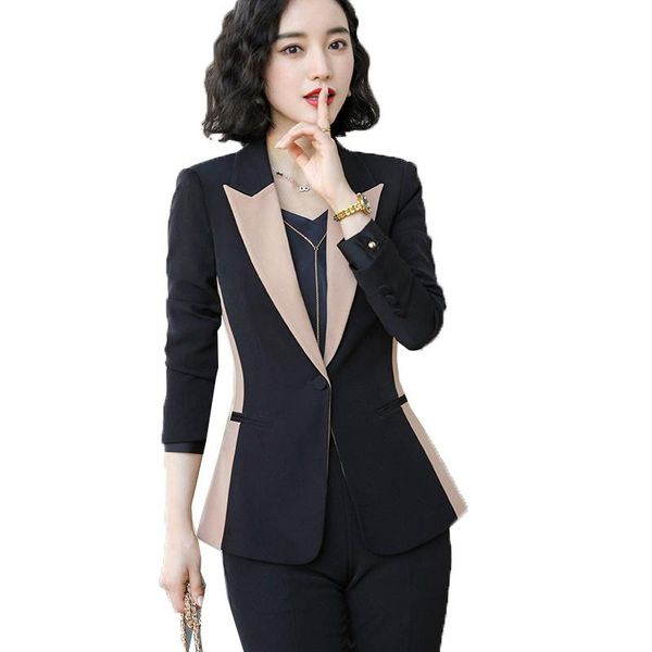 

women's two piece pants pant suit women stitching color jacket office lady work wear black business blazer skirt 2 set, White