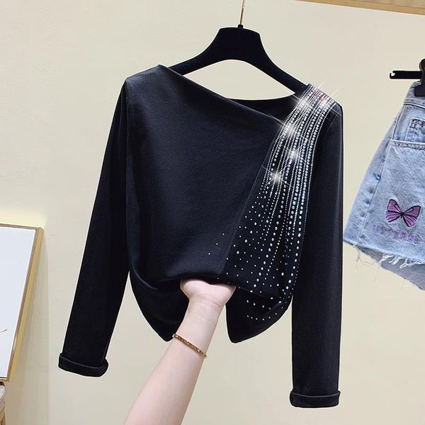 

harajuku one shoulder pullover summer women chic fashion clothes black diamond short sleeve top, White
