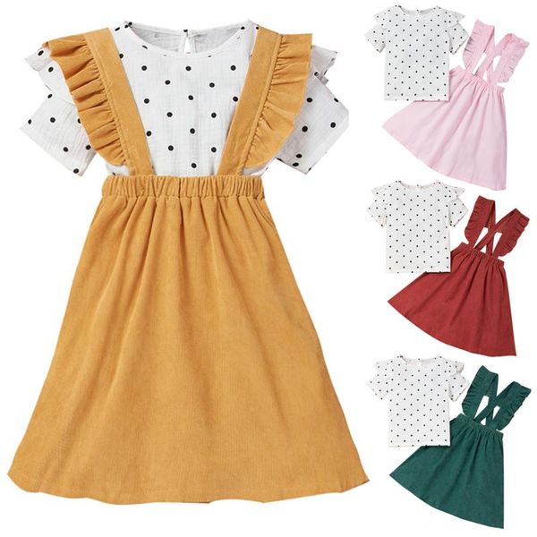 

girl kids skirt dot shirt with ruffle suspender baby summer party princess clothes 4-9y clothing sets, White