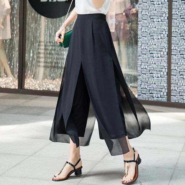 

summer wide leg long women pants trousers casual vintage high waist chiffon side split loose skirt solid 870a, Black;white