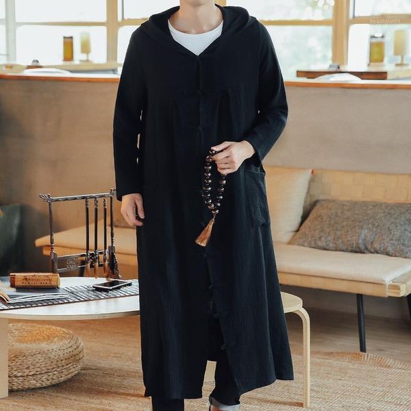 

men's trench coats men clothing 2021 hooded cotton and linen long coat japanese loose large size chinese style, Tan;black