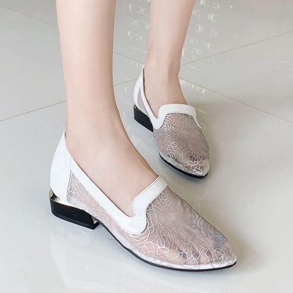 

dress shoes coolulu 2021 women pointed toe loafers low square heel fashion lace mesh pumps casual ladeis slip on size 33-43, Black