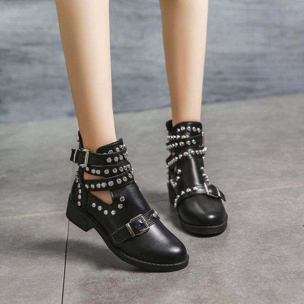 

414243 size spring new womens leather boots womens shoes sleeve rivet square heel rubber round toe mid fashion boots women, Black
