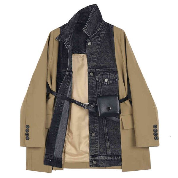 

women's suits & blazers [eam] women khaki denim big size belted blazer lapel long sleeve loose fit jacket fashion spring autumn 2022 1d, White;black