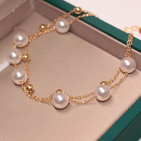 

charm bracelets fashion simple double-layer pearl round bead women's bracelet korean sweet girlfriends bangles wedding jewelry, Golden;silver